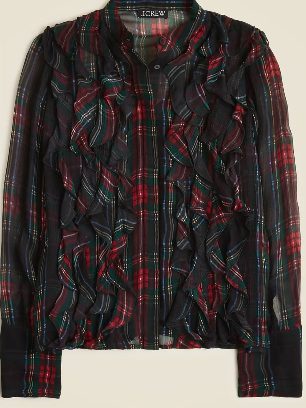J.Crew Tartan Crinkle Cupro Ruffle Front Top Blouse Sheer Holiday Plaid Size 0